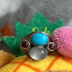 Silver Ring with Turquoise, Moonstone, and Red Stones